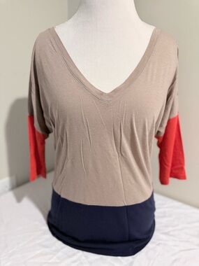 Express Colorblock V-Neck Top in Taupe, Navy & Red